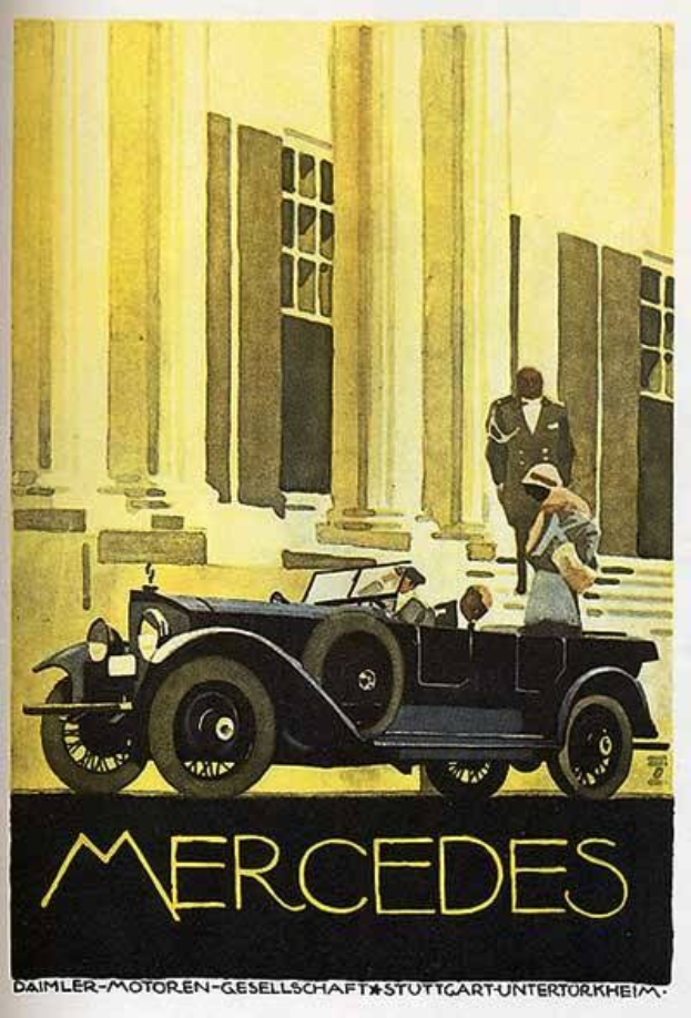 Vintage-Plakat aus den 1920er Jahren von Mercedes-Benz mit einem klassischen Auto mit zwei Insassen, das vor einem modernen Gl├Ąserbau geparkt ist, mit 'Mercedes-Benz'-Text unten.