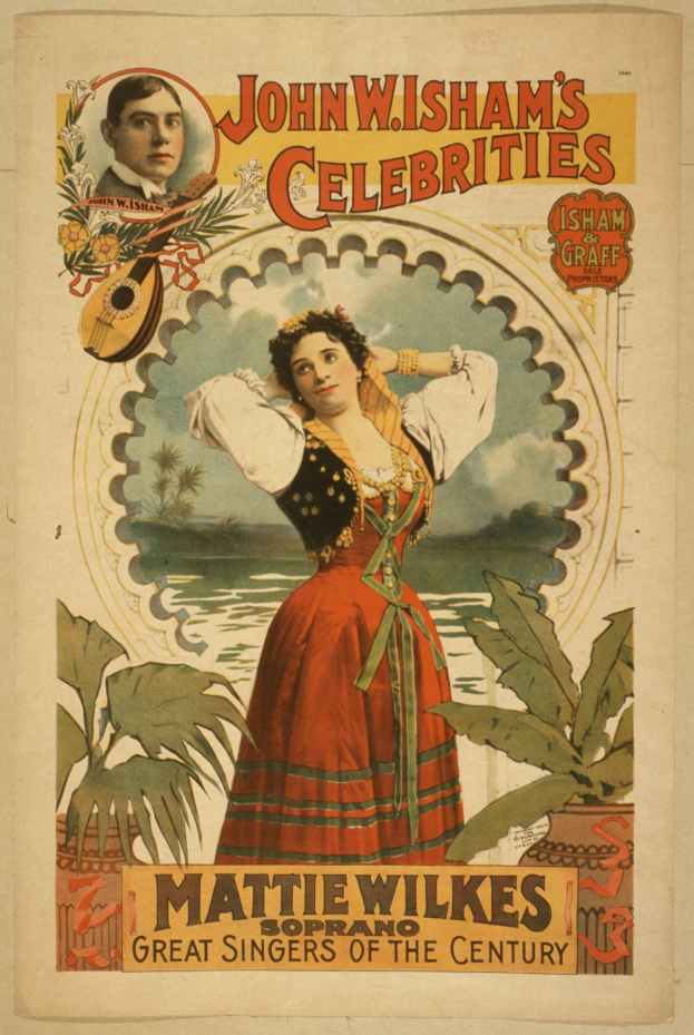 Ein Plakat mit einer Frau in einem weißen Kleid mit einem gemusterten Schultertuch und einem Mann mit verschränkten Armen, beide mit ernsten Gesichtern und ordentlichen Buns, vor einem tiefblauen sternenklaren Hintergrund, mit der Aufschrift "John Wisham's Celebrities - Mattie Wilkes - Great Singers of the Century" oben.