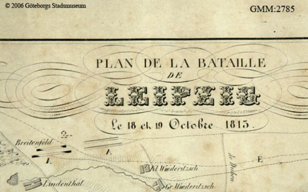 Ein detailliertes altes Schlachtfeld von Leipzig, das verschiedene Kämpfe zeigt und mit Text über das Datum, die Uhrzeit und den Ort versehen ist.