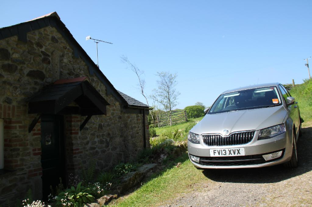 Eine Szene mit einem Haus, einem Zaun und verschiedenen Pflanzen und Bäumen links und einem Auto, Strommast und weiterer Vegetation rechts unter einem sonnigen Himmel.