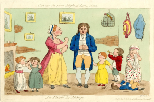 Eine Karikatur eines Mannes in einem blauen und weißen Kleid und einer Frau vor einer Gruppe von Kindern, mit gerahmten Gegenständen, einem Vogelkäfig und hängenden Kleidern im Hintergrund und Text unten.