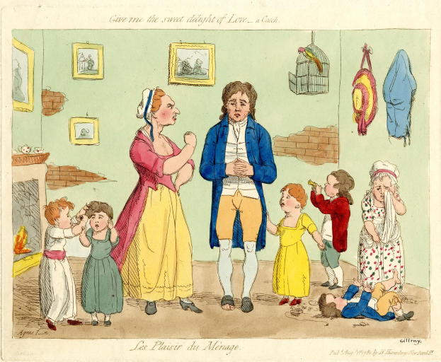 Eine Karikatur eines Mannes in einem blauen und weißen Kleid und einer Frau vor einer Gruppe von Kindern, mit gerahmten Gegenständen, einem Vogelkäfig und hängenden Kleidern im Hintergrund und Text unten.