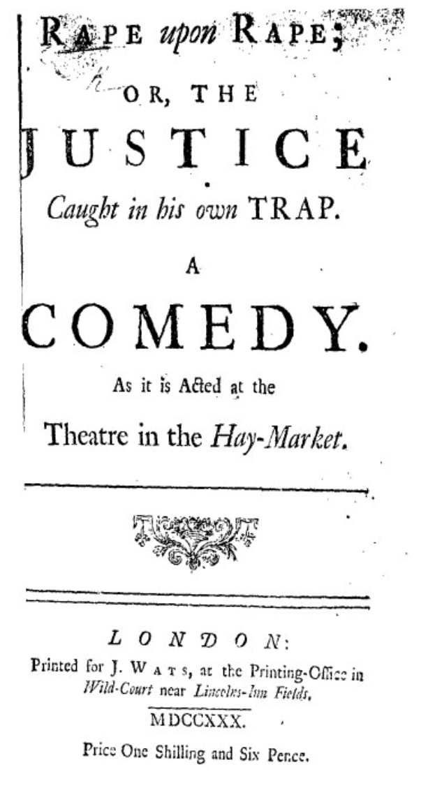 Schwarzes und weißes Plakat mit der Aufschrift 'Vergewaltigung auf Vergewaltigung oder die Justiz in ihrer eigenen Falle' in fetter schwarzer Schrift, wahrscheinlich Ankündigung einer Comedy-Show.