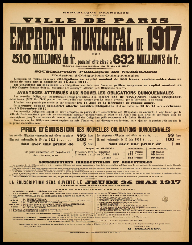 Eine alte Zeitungsanzeige für den Emprunt Municipal de 1917, mit Text auf schwarzem Hintergrund.