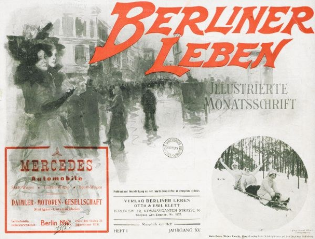 Werbung für ein Mercedes-Benz-Fahrzeug, das in Berlin, Deutschland, gezeigt wird und Menschen, Bäume, Gebäude, Text und einen Stempel zeigt.