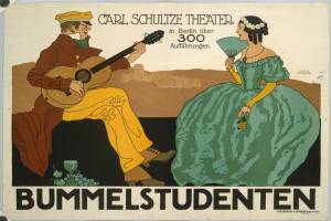 Ein Plakat, das ein Konzert im Carl-Schulze-Theater in Berlin, Deutschland, ankündigt, mit einem Mann, der eine Gitarre spielt, und einer Frau, die einen Fächer hält, sowie Text auf dem Plakat.