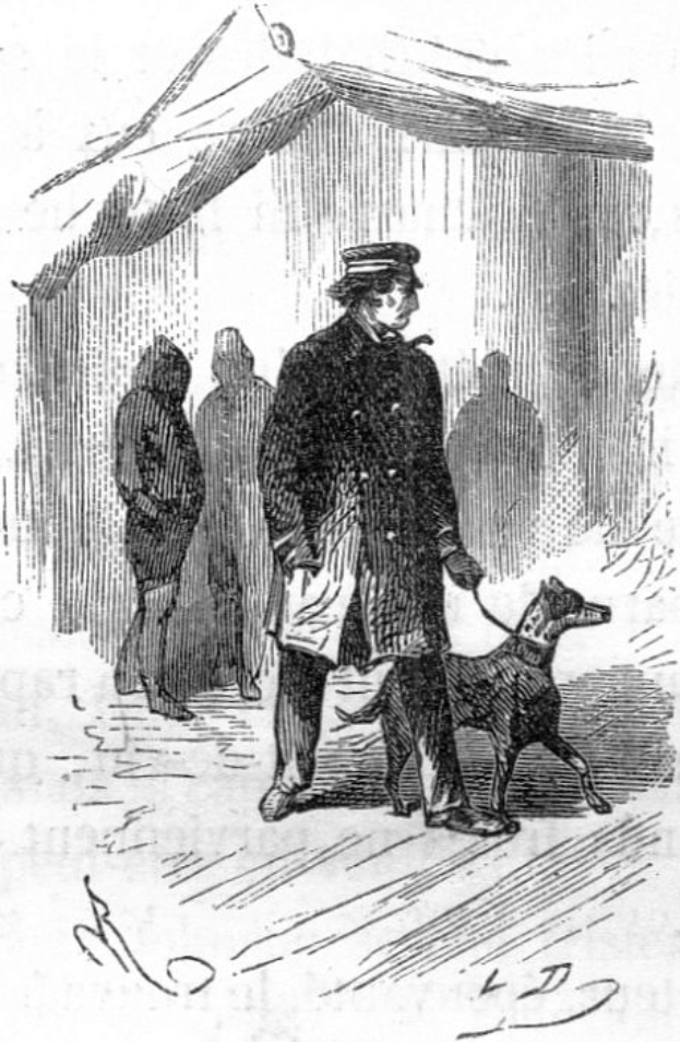 Ein Mann in Polizeiuniform geht mit einem Hund vor einem Zelt, mit ein paar Leuten im Hintergrund; das Schwarz-Weiß-Bild hat unten Text mit der Aufschrift "Victorian Police Officer with Dog".