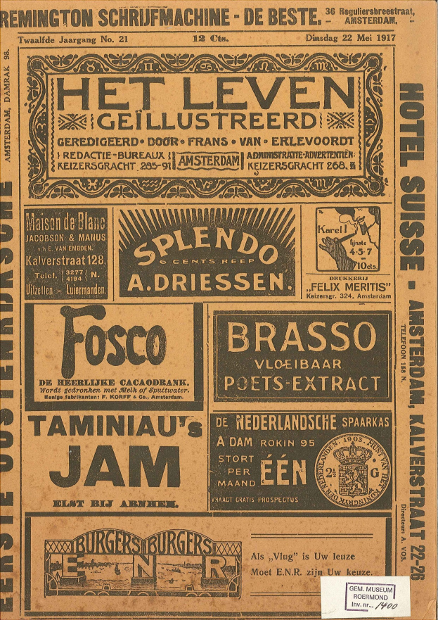 Alte Zeitung mit Anzeigen für Lebensmittel, Getränke und andere Artikel, mit Text auf gelbem Papier.