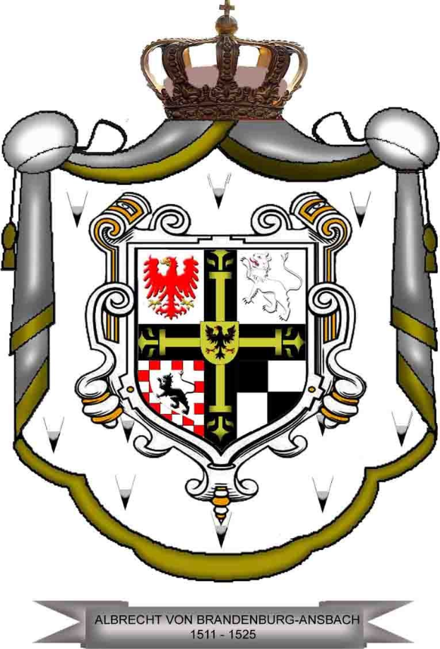 Wappen von Brandenburg-Ansbach mit einem Schild mit einem springenden Löwen, einem Zacken und einer Krone, gekrönt von einer Krone und beschriftet mit «Brandenburg» darunter.