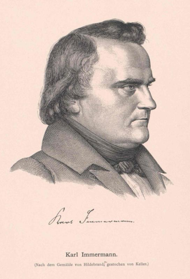 Schwarze und weiße Zeichnung von Karl Immermann, einem deutschen Komponisten, der einen Anzug und eine Krawatte trägt, mit Text unten, der lautet "Karl Immermann - Deutscher Komponist"