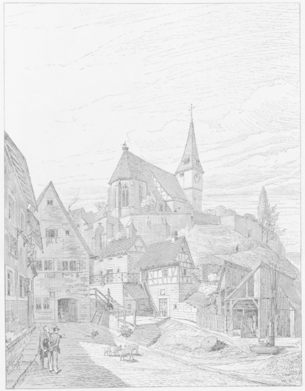 Eine Schwarz-Weiß-Zeichnung einer Straßenszene in Heidelberg, Deutschland, mit der Kirche der Heiligen Dreifaltigkeit im Hintergrund, umgeben von Gebäuden, Menschen, Tieren, Bäumen und einem Himmel. Der Text "Die Kirche der Heiligen Dreifaltigkeit im alten Stadtkern von Heidelberg, Deutschland" ist unten im Bild zu sehen.