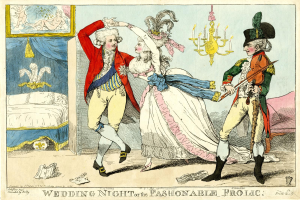 Eine Karikatur eines Mannes und einer Frau, die auf einer Hochzeitsnacht tanzen, beleuchtet von einem Kronleuchter, umgeben von einem Bett, einem Rahmen an der Wand und verschiedenen Gegenständen auf dem Boden, mit dem Text "Hochzeitsnacht oder das Modevergnügen" unten.