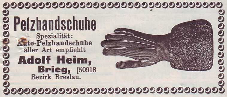 Eine alte deutsche Visitenkarte mit einem Bild von einem Paar Handschuhe und Text, der den Inhalt der Karte beschreibt.