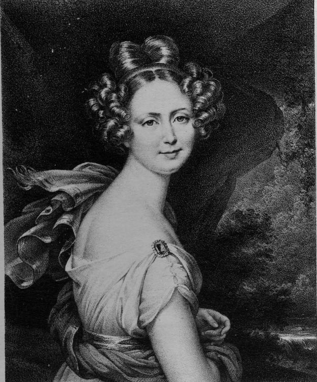 Schwarzes und weißes Porträt von Maria Feodorovna von Russland in einem Kleid mit dunklem Hintergrund, ihr Gesicht ist sichtbar und sie schaut direkt in die Kamera.