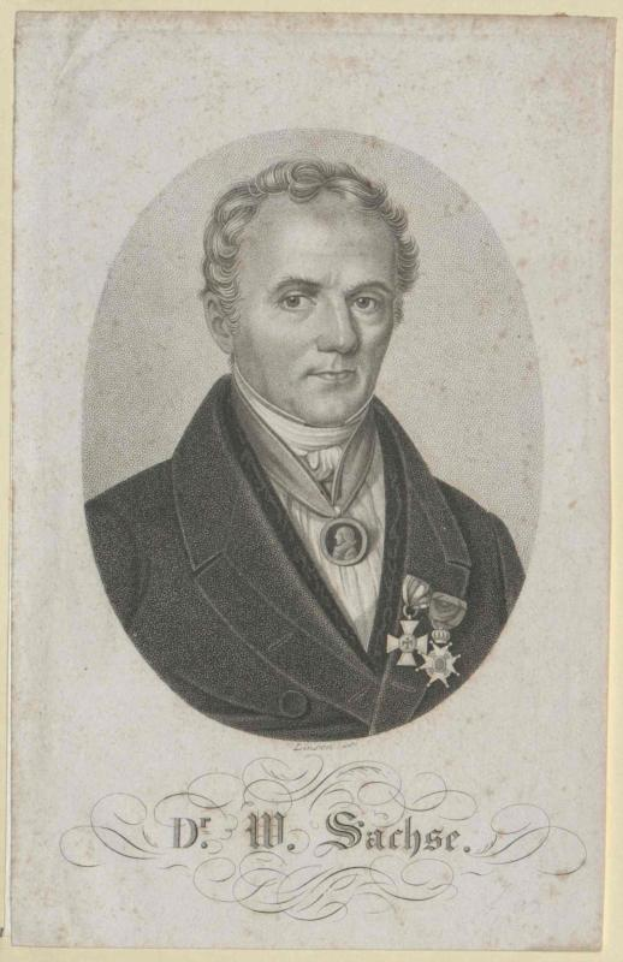 Porträt von Dr. W. Sachse, einem deutschen Staatsmann in Anzug und Krawatte, mit einer Medaille, mit Text am unteren Bildrand.