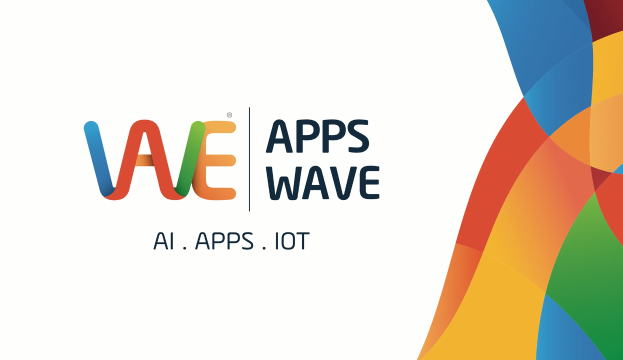 Buntes Design mit dem Text "AI, Apps, IoT" auf einem weißen Hintergrund.