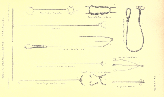 Ein Blatt Papier mit einer Zeichnung von chirurgischen Instrumenten, einschließlich einer Nadel und einem Faden, neben begleitendem Text.