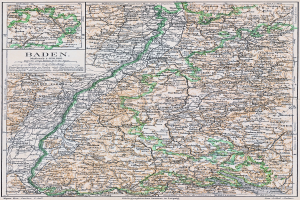 Ein altes Kartenbild von Baden-Württemberg, Deutschland, das Straßen, Städte und geografische Merkmale zeigt.