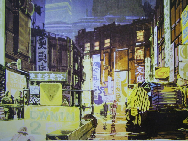 Ein bearbeitetes Bild mit Menschen, Fahrzeugen, Geb├Ąuden, Plakaten, Text, einer Stra├če, Fenstern, Schildern, einer U-Bahn und Lichtern.