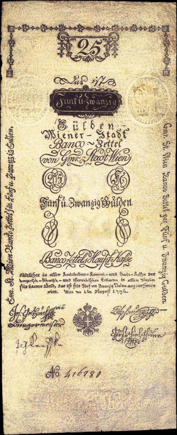 Eine alte deutsche Banknote mit schwarzem Hintergrund, die das Porträt eines Mannes, den Text "Schweiz 25 Pfennig" und einen Stempel auf der rechten Seite zeigt.