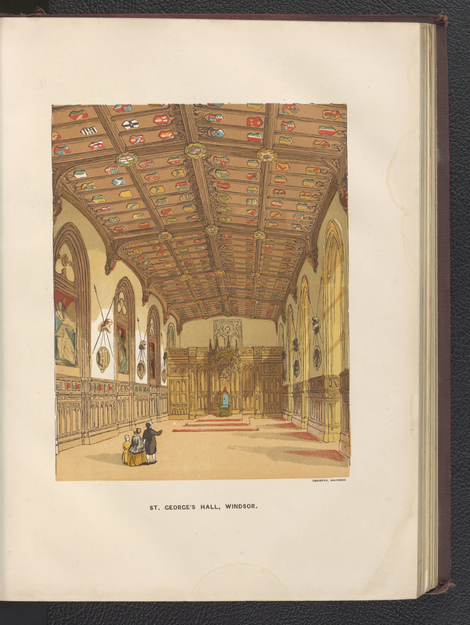 Offenes Buch mit einer detaillierten Illustration des Inneren von St. Georgs Halle in Windsor, England, mit sichtbarer Architektur, Menschen und Text unten.