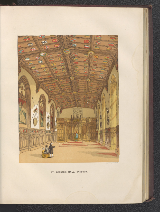 Offenes Buch mit einer detaillierten Illustration des Inneren von St. Georgs Halle in Windsor, England, mit sichtbarer Architektur, Menschen und Text unten.