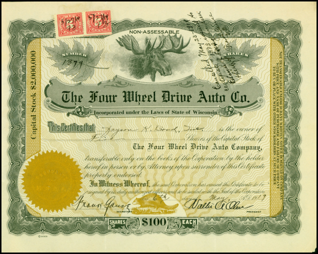 Vierradantrieb-Auto-Firmenaktienzertifikat mit goldenem Siegel, Text 'Vierradantrieb Auto Co.', numerischem Aktienwert und mehrfarbigen Stempeln.
