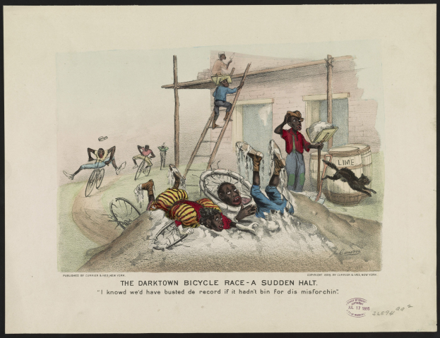 Ein Plakat mit der Aufschrift "Das Darktown-Radrennen - Ein plötzlicher Halt", das Radfahrer bei einem Rennen zeigt, die von Zuschauern auf Leitern und einem Gebäude, Fässern und anderen Gegenständen im Hintergrund umgeben sind.