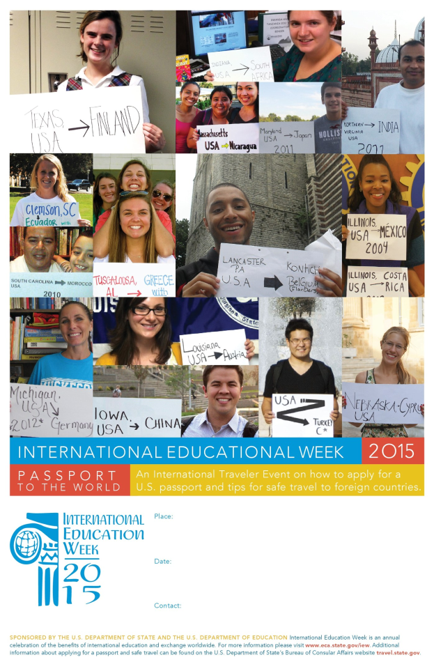 Plakat für die Internationale Bildungswoche 2015 mit einer Gruppe lächelnder Menschen, die Schilder mit texten zur Veranstaltung halten.