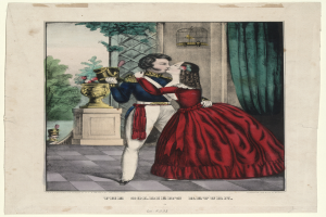 Ein Mann und eine Frau in einem roten Kleid umarmen und küssen sich vor einem Fenster, mit einem Blumenstrauß auf einem Sockel im Vordergrund, Bäumen im Hintergrund und einem Vorhang auf der rechten Seite. Text ist unten im Bild sichtbar.