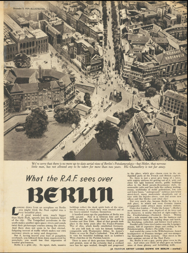 Altes Zeitungsfoto mit Schwarz-Weiß-Aufnahme eines Stadtpanoramas mit Gebäuden, Bäumen und Fahrzeugen, begleitet von Text.