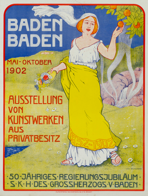 Ein Vintage-Plakat aus dem Jahr 1902, das ein Bierfest in Baden-Baden bewirbt, zeigt eine Frau in einem gelben Kleid, die neben einem Baum steht und ein Objekt hält, mit Festivitätsdetails im Text.