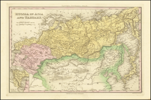 Ein gerahmtes Poster, das eine Karte von Russland in Asien und Taiwan zeigt, mit Text oben und unten, im Stil eines klassischen Fotos.