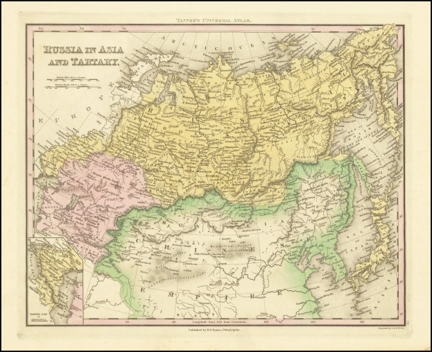 Ein gerahmtes Poster, das eine Karte von Russland in Asien und Taiwan zeigt, mit Text oben und unten, im Stil eines klassischen Fotos.