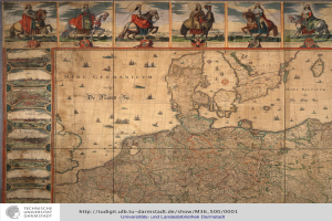 Eine detaillierte Karte von Deutschland mit einer Gruppe von Menschen in traditioneller Kleidung, die Pferde im Hintergrund reiten, und Text unten.