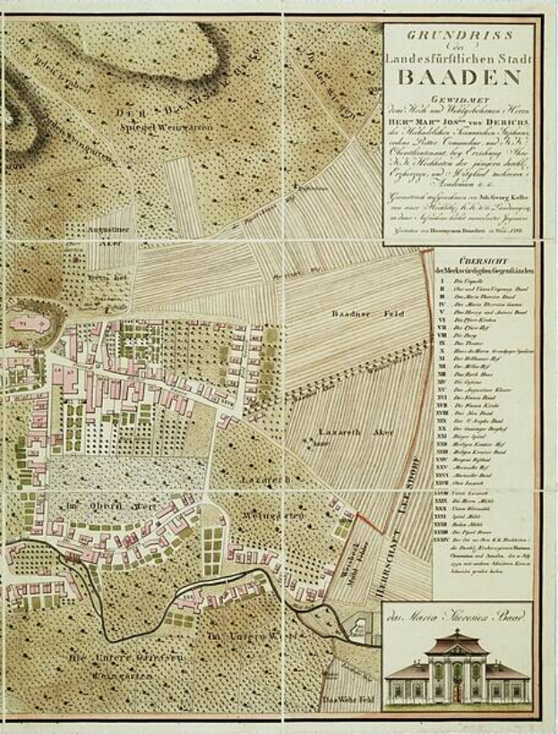 Ein detailliertes altes Stadtplan von Baden-Württemberg, Deutschland, das Straßen, Gebäude und Sehenswürdigkeiten zeigt, mit einem Gebäude in der rechten unteren Ecke und Text, der die Stadtinformationen bereitstellt.