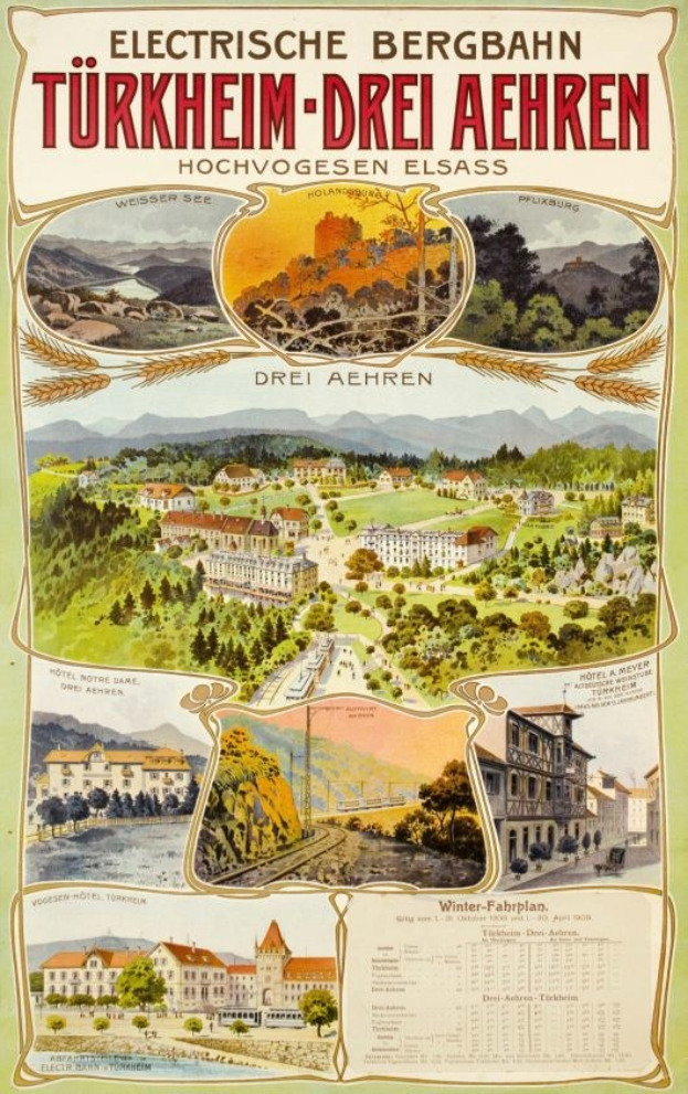 Plakat für Bergbahn, Deutschland als elektrisches Stadt, mit Bildern von Geb├Ąuden, B├Ąumen, H├Ąngen und beschreibendem Text.