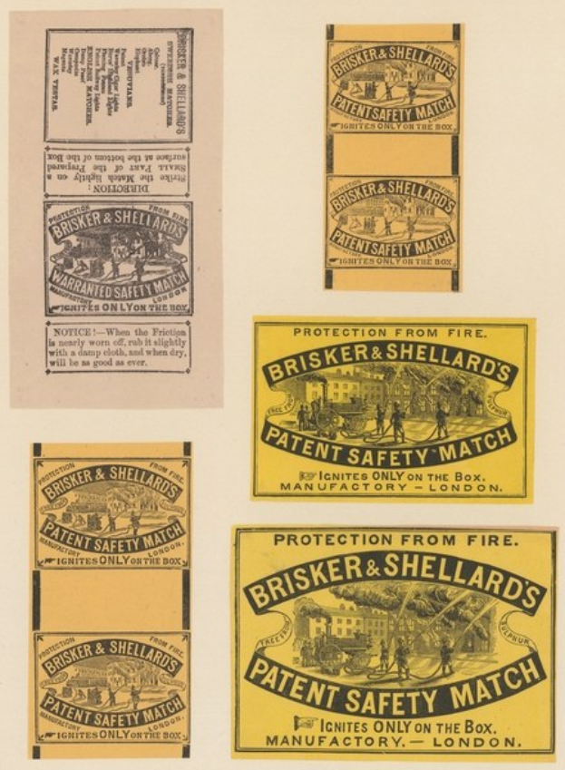 Papier mit mehreren angehefteten Zetteln, auf denen jeweils der Text "Brisker & Shellard's Patent Safety Match" steht.