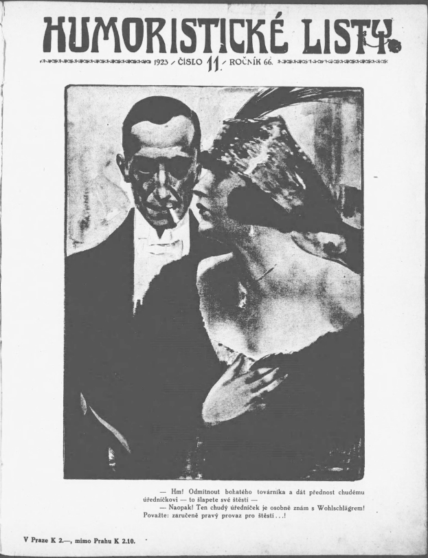 Schwarz-weißes Magazin-Cover mit der Überschrift 'Humoristische Liste', das einen Mann in Anzug mit ernster Miene und eine Frau mit leichtem Grinsen zeigt.