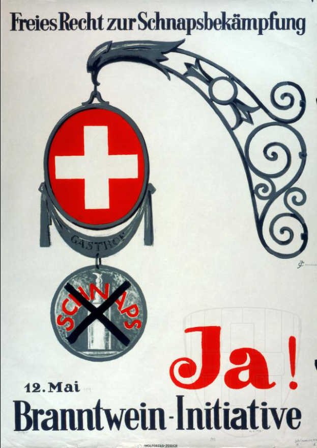 Ein Plakat mit einem roten Kreuz und der fettgedruckten, schwarzen Schrift "Jä Brantwein-Initiative", wahrscheinlich eine Schweizer Rotes Kreuz-Initiative.