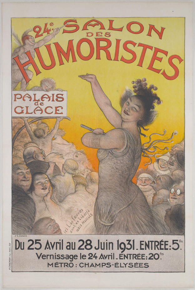 Poster for the Salon des Humoristes in Paris, featuring a woman's face surrounded by a crowd, with event text.