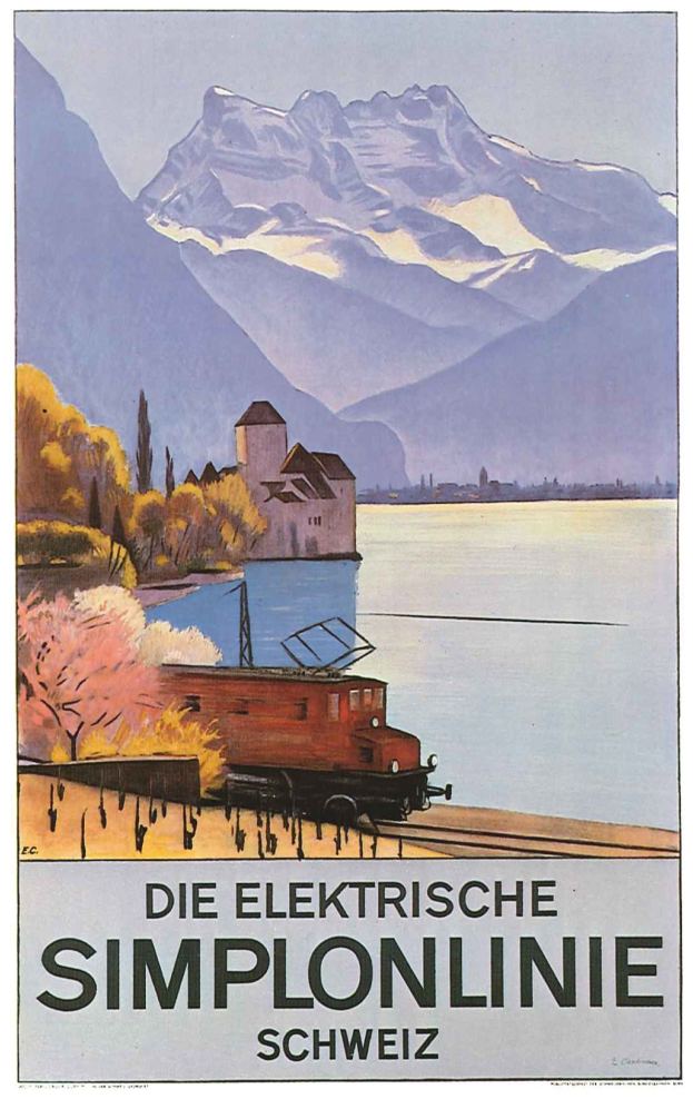 Plakat, das Schweizerische Bundesbahn mit einem Zug auf Schienen neben einem See, umgeben von Bäumen, einem Gebäude und Bergen im Hintergrund anpreist.