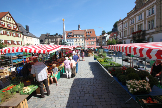 Ein belebter Markt im historischen Stadtzentrum von Heidelberg mit Menschen, die spazieren gehen, auf Bänken sitzen und in der Nähe von Zelten stehen, mit Gemüsekörben auf Tischen, Gebäuden mit Fenstern, Bäumen und einem klaren blauen Himmel im Hintergrund.