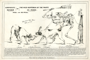 Ein Vintage-Stil-Papier mit einem gedämpften Blau- und Grau-Farbpalette zeigt eine Zeichnung von zwei Hunden, die einen Skelett flankieren, mit der Schrift "Der wilde Jagdhund des Mülls bei der Arbeit" in fetter Schrift.