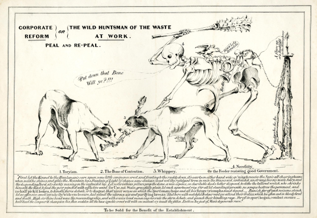 Ein Vintage-Stil-Papier mit einem gedämpften Blau- und Grau-Farbpalette zeigt eine Zeichnung von zwei Hunden, die einen Skelett flankieren, mit der Schrift "Der wilde Jagdhund des Mülls bei der Arbeit" in fetter Schrift.