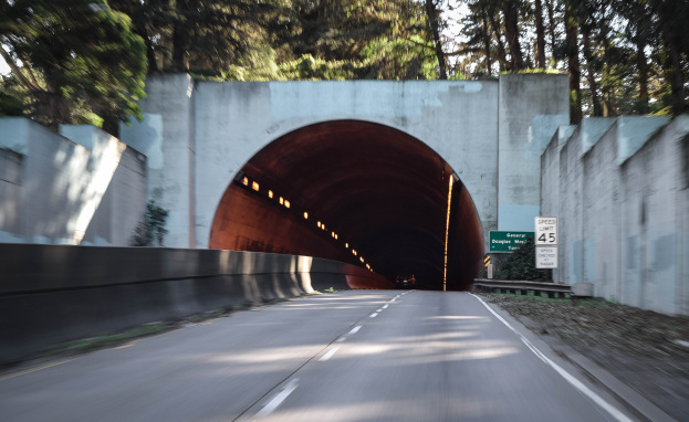 Ein Auto fährt durch einen beleuchteten Tunnel in einem Wald, mit Text- und Nummernschildern auf beiden Seiten der Straße, umgeben von üppigen Bäumen.