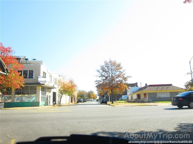 Eine Szene mit Gebäuden, Häusern, Bäumen, Autos und Masten.