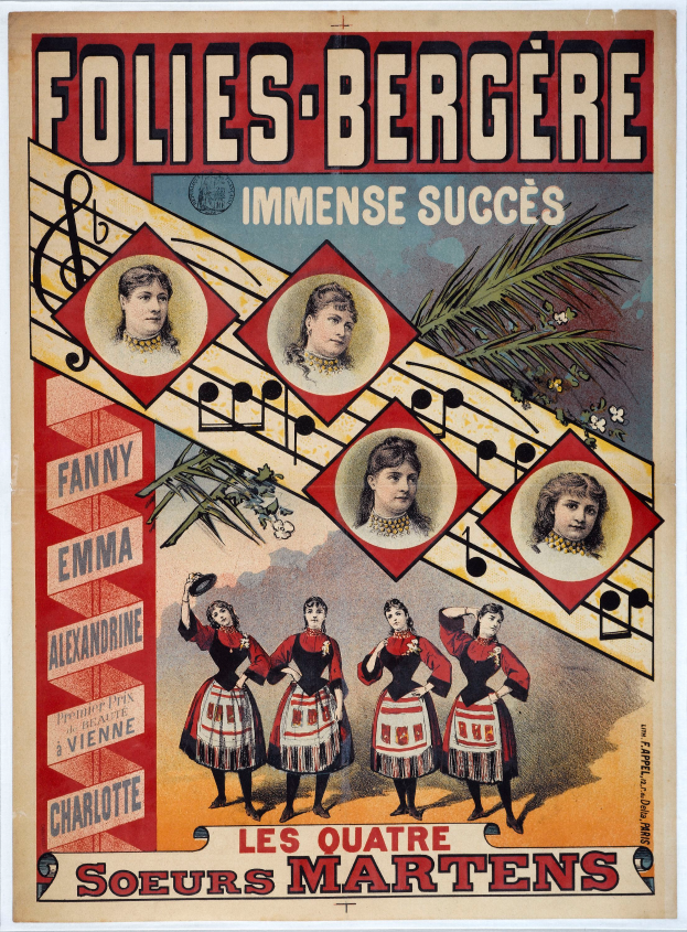 Ein lebendiger Konzertplakat für Folies-Bergère und Immense Succès, das Bilder von verschiedenen Menschen und eine mutige Schrift enthält, mit detaillierten Designs, die eine lebhafte Atmosphäre vermitteln.
