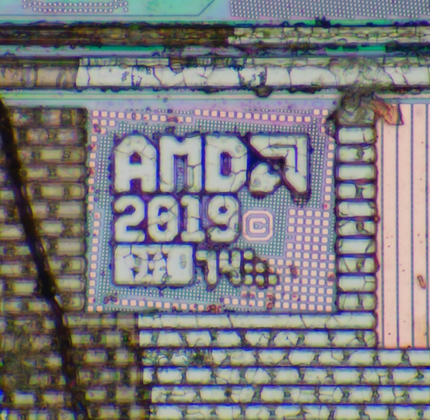 Nahaufnahme eines AMD-Computerchips aus dem Jahr 2019 mit der Aufschrift "AMD 2019".