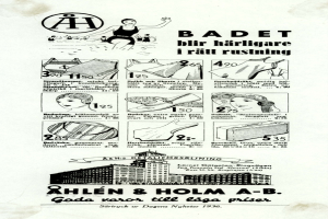 Eine Frau mit einem Pferdeschwanz in einem weißen Bikini mit blauen und weißen Streifen schaut direkt in die Kamera, umgeben von Bildern von Menschen, modernen Gebäuden und fetter Schrift.